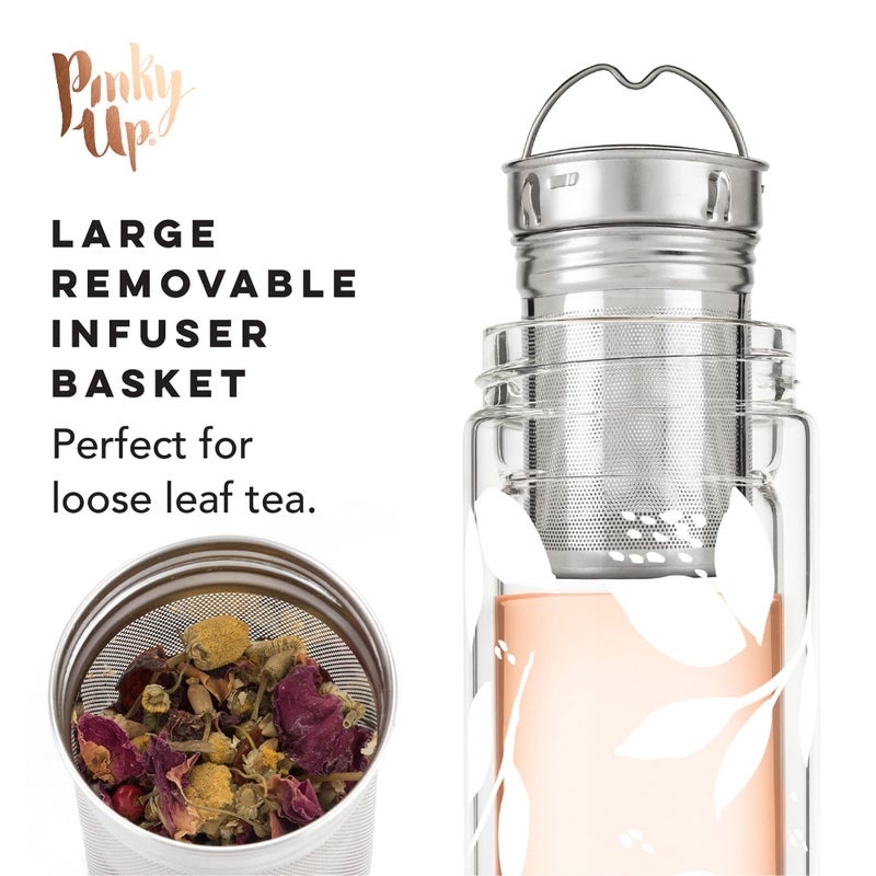 Pinky Up Blair Travel Tea Infuser Mug, Double Walled Insulated Travel Tumbler with Loose Leaf Tea Strainer, Travel Coffee Mug, Keeps Drinks Hot or Cold, 16 oz, White Leaf - Image 3